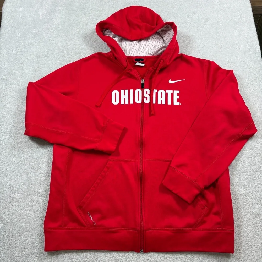 Nike Hoodie Mens Large Red Ohio State Buckeyes Therma Fit NCAA Lined‎ Full Zip